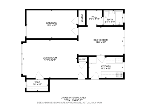 Floor plan for 1 bed, 1 bath, 700 sqft